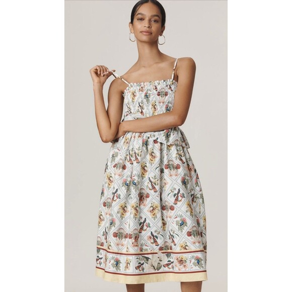 Anthropologie Midi Dress Yellow Floral Smock Peplum Preppy Boho Vacay Large NWT - Picture 3 of 12